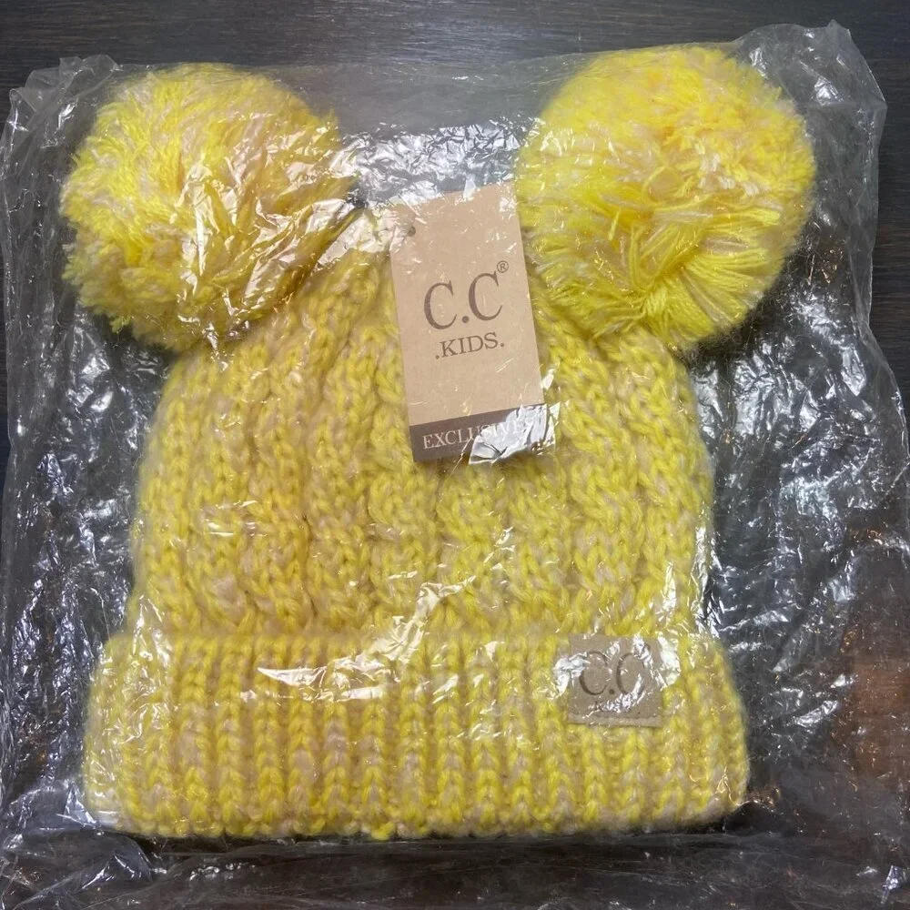 C.C. Kids Double Pom Beanie Yellow Knit Hat NWT